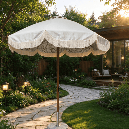 Hand Crank Elegant Fringe Tassel Center Pillar Umbrella