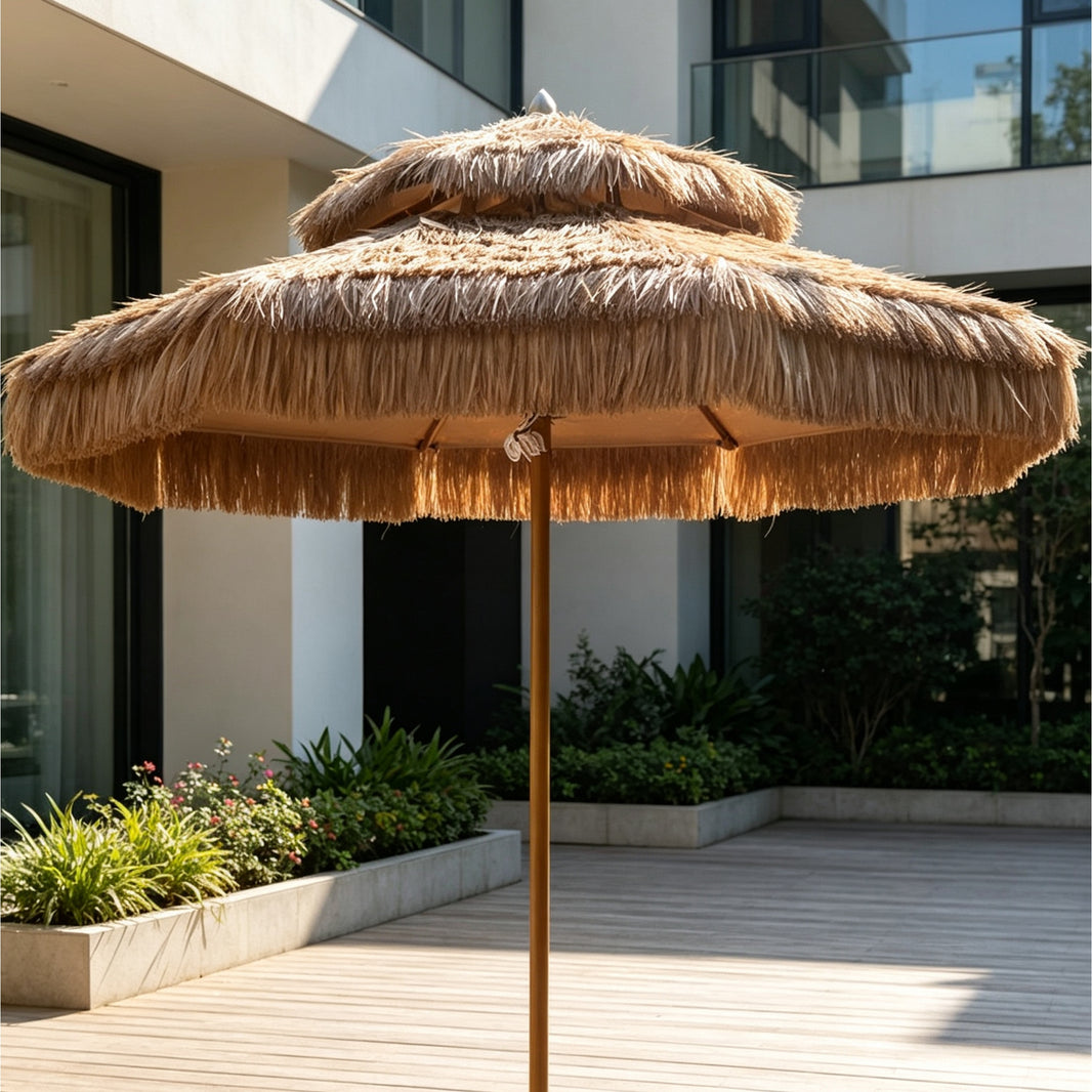 Double-pitched thatch central pillar umbrella