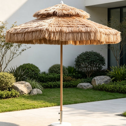 Double-pitched thatch central pillar umbrella